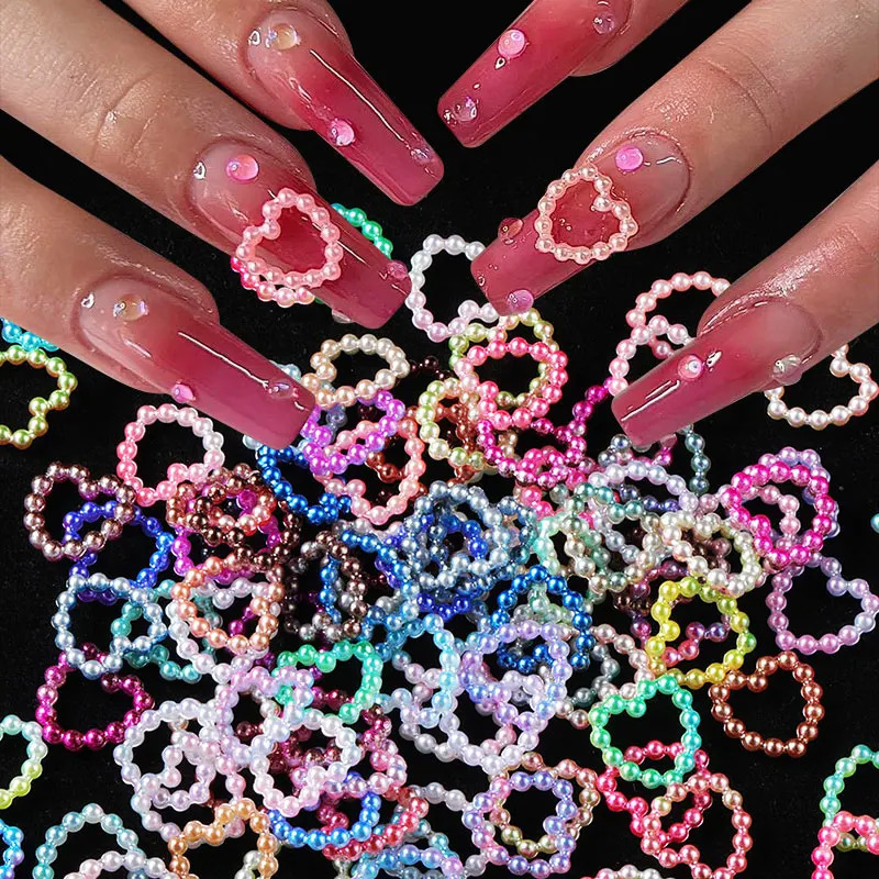 Nail Art Decorations 100PcsBag Hollow Heart Pearl Nail Art Charms White Pink Purple Pearl Round Flatback 3D Nail Decoration DIY Nail Accessories 23120
