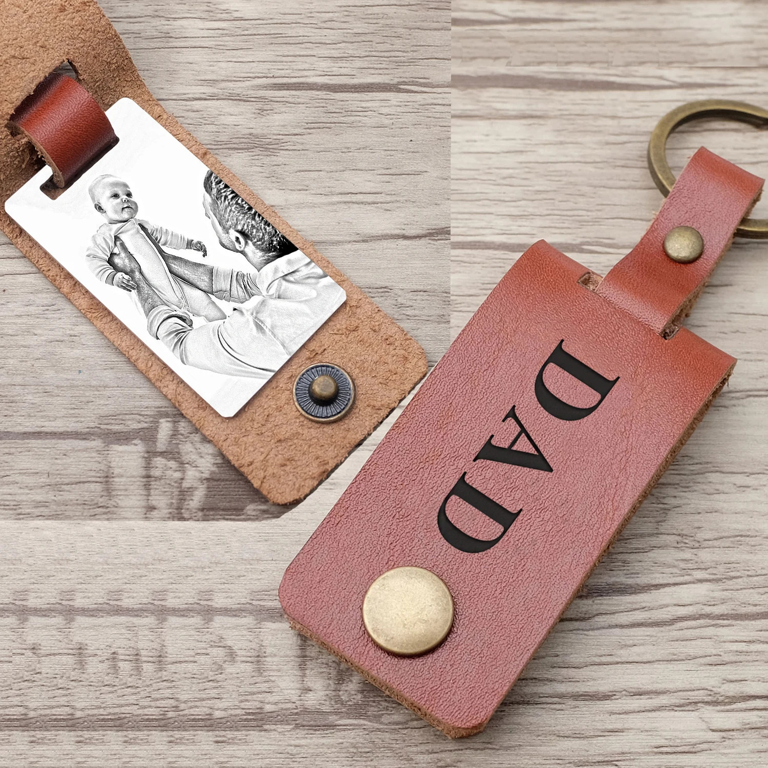 Key Rings Personalised Dad Po Keyring Leather Keychain Father's Day Daddy Gift Picture Engraved For His Her 231206
