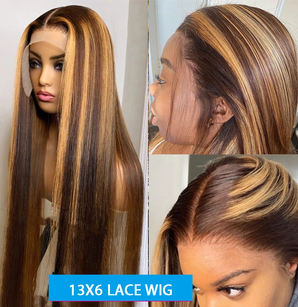 180density Brazilian Highlight Human Hair 13x4 Glueless Honey Blonde Straight Front Wigs Brown Hd Lace Closure Wig for Black Women