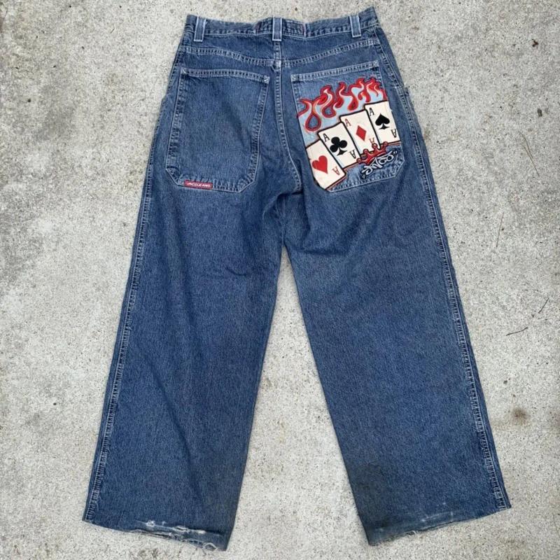 Men's Jeans JNCO Y2K Harajuku Hip Hop Poker Graphic Retro Blue Baggy Denim Pants Mens Womens Gothic High Waist Wide Trousers