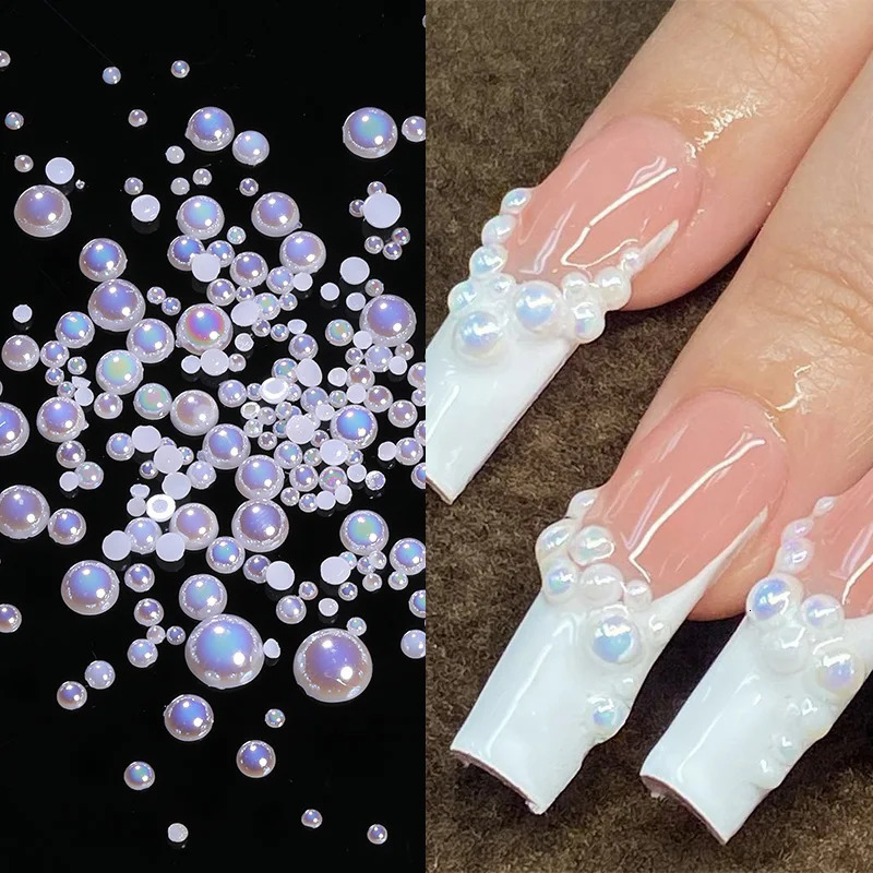 Nail Art Decorations 1Bag Silver Pearl Shape Nail Art Decoration Flat Back Nail Charms Manicure Tips Rhinestones Mixed Size 3D Beads Nail Accessories 