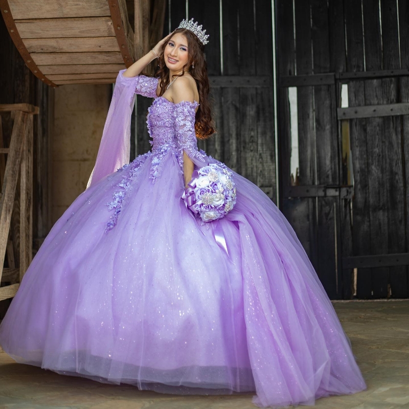 Shiny Lavender Quinceanera Dresses Ball Gown Off The Shoulder Corset Crystal Beading Appliques Lace Vestidos De Anos