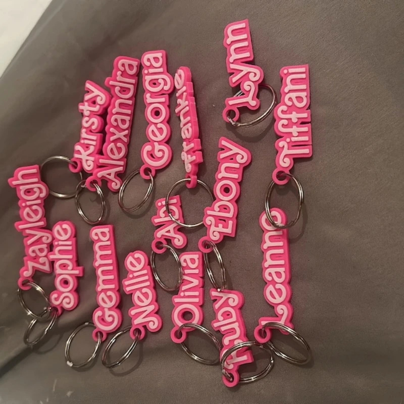 Key Rings Personalized 3D Keychain with Theme Handmade Pink and White Acrylic Nameplate Tags Customized Name Backpacks 231206