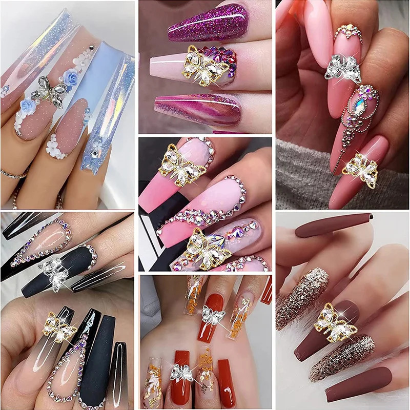 Nail Art Decorations 10pcsbag Butterfly Shaped Nail Rhinestone Star Flower Nail Charm Silver Gold Alloy Nail Pearl Jewelry Accessories Nail Supplies 2