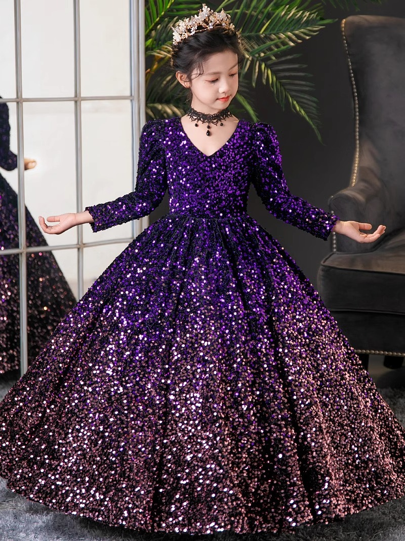 Sequined Purple Girl Dresses Gorgeous Long Sleeves Flower Girls Dress Wedding Party Princess Casual Kids Clothes Communion Present Children 2-14 Years