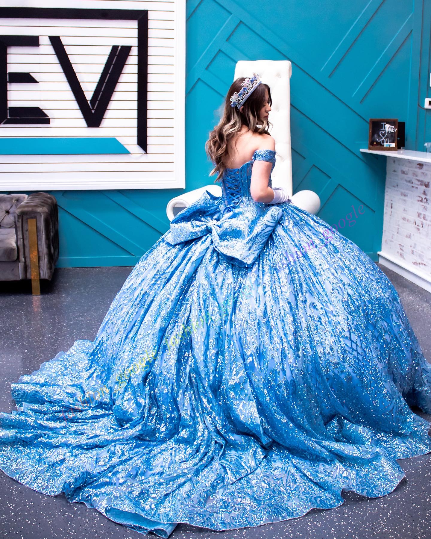 Shimmering Glitter Tulle Quinceanera Dress Detachable Back Bow Ball Mexican Quince Sweet 15/16 Birthday Party Gown for 15th Girl Drama Winter Formal P
