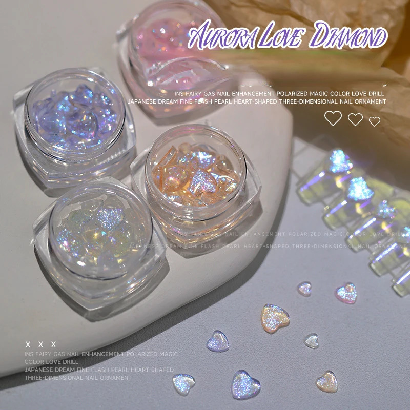 Nail Art Decorations 3040Pcs Aurora Love Heart Nail Art 1 Bottle Girl Relief Sticker 3D Shiny Rhinestones FlatBottom Mixed Mnaicure Crystal 231207