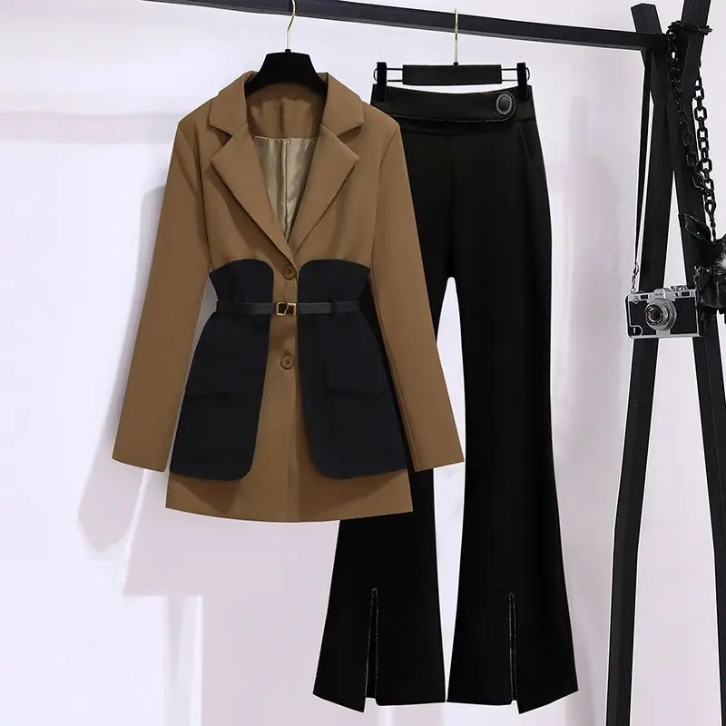 Women's Two Piece Pant's Autumn Winter Casual Blazers Jacket Matching Set Korean Elegant Midi Suit Coat Pants Female Clothing Suits 231206