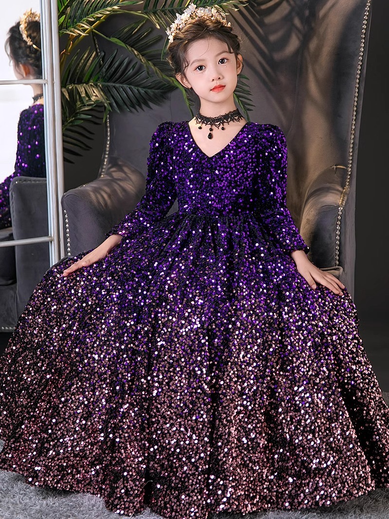 Sequined Purple Girl Dresses Gorgeous Long Sleeves Flower Girls Dress Wedding Party Princess Casual Kids Clothes Communion Present Children 2-14 Years