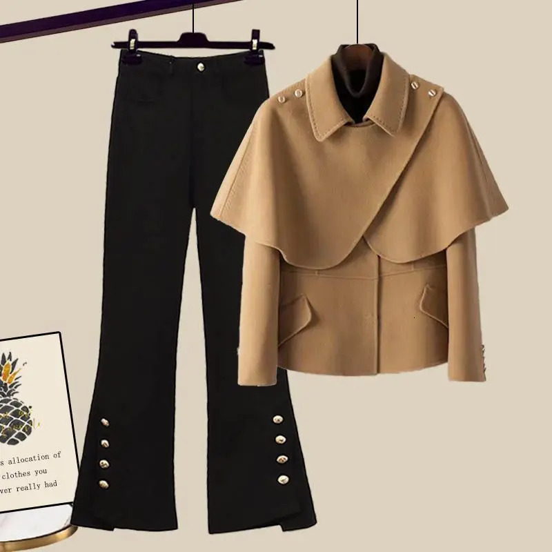 Women's Two Piece Pant's Autumn Winter Vintage Spliced Long Sleeve Suit CoatMicro Flared Jeans Korean Casual Blazers Matching Set 231206