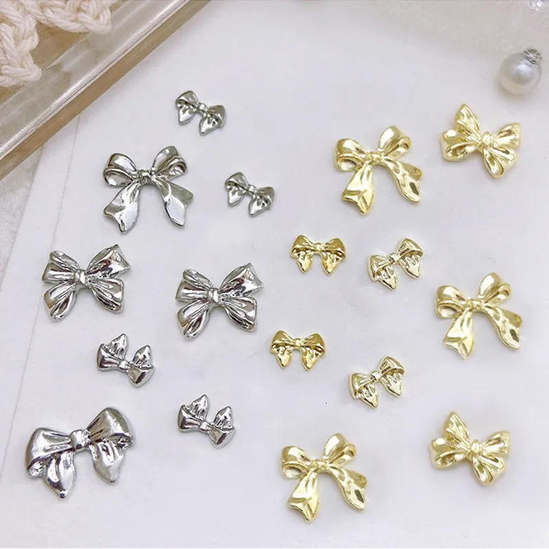 Nail Art Decorations 1Bag 3D Silver Gold Bowknot Shaped Nail Charms Metal Alloy Heart Nail Art Rhinestones Manicure Jewelry For DIY Nail Accessories 2