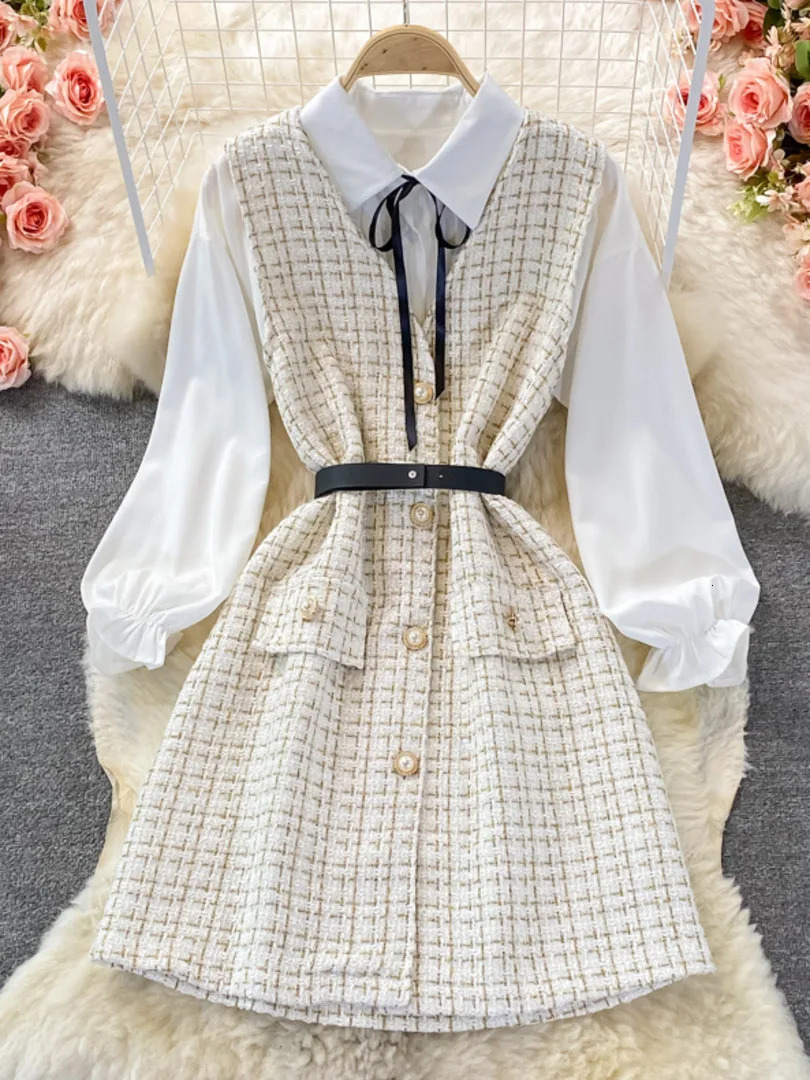 Two Piece Dres Set 2023 Korean Fashion Bowtied Collar White Blouse and Spaghetti Strap Single Breasted Mini Tweed Suits 231207