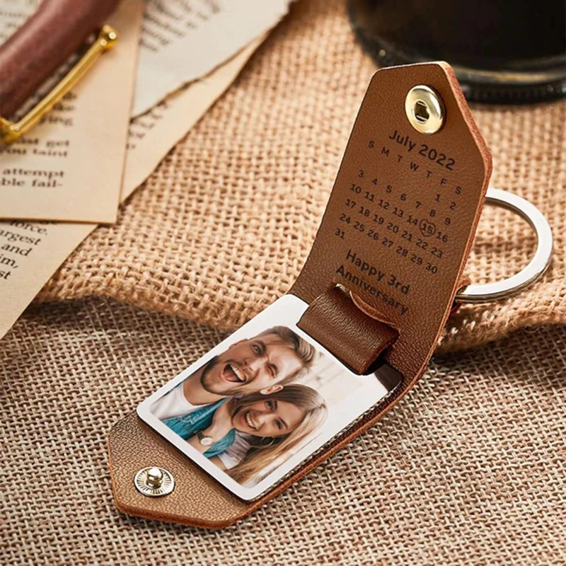Key Rings Customized Po Calendar Leather Keychain Stainless Steel Personalized UV Color Printing Picture For Father's Day Gift 231206