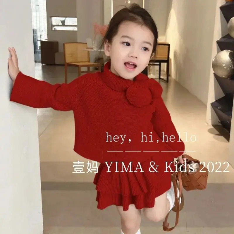 Clothing Sets Kids Clothes Girls Pullover Bowknot Top Retro knitting Elegant Pleated Skirt Two Piece Set Sweater Fashion Spring Autumn 231207