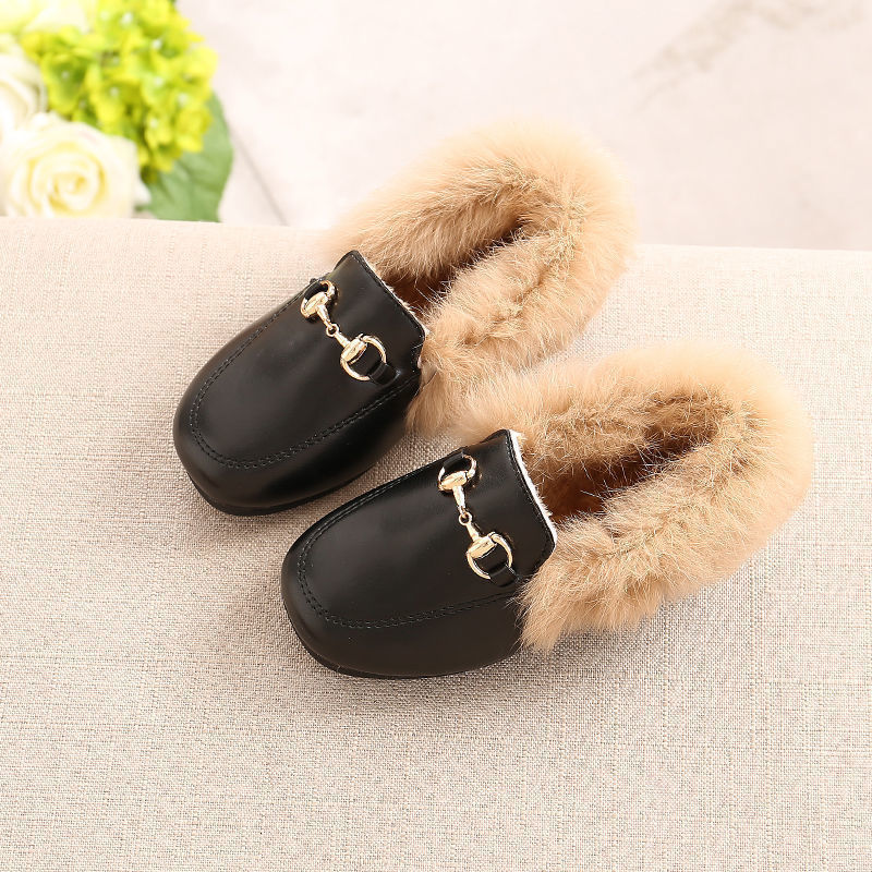 First Walkers Real Hair Loafers With Buckle Moccasin Winter Kids Fur Velvet Shoes Baby Girls Princess Children Warm Casual Shoe 220830