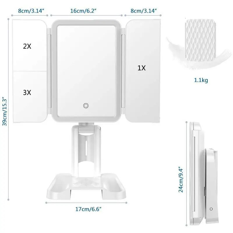Compact Mirrors 3 Folding LED Makeup Mirror 2/3X Magnifying Cosmetic Vanity Mirror 180 Rotation Adjustable Touch Dimmer Table Makeup Mirror 231202