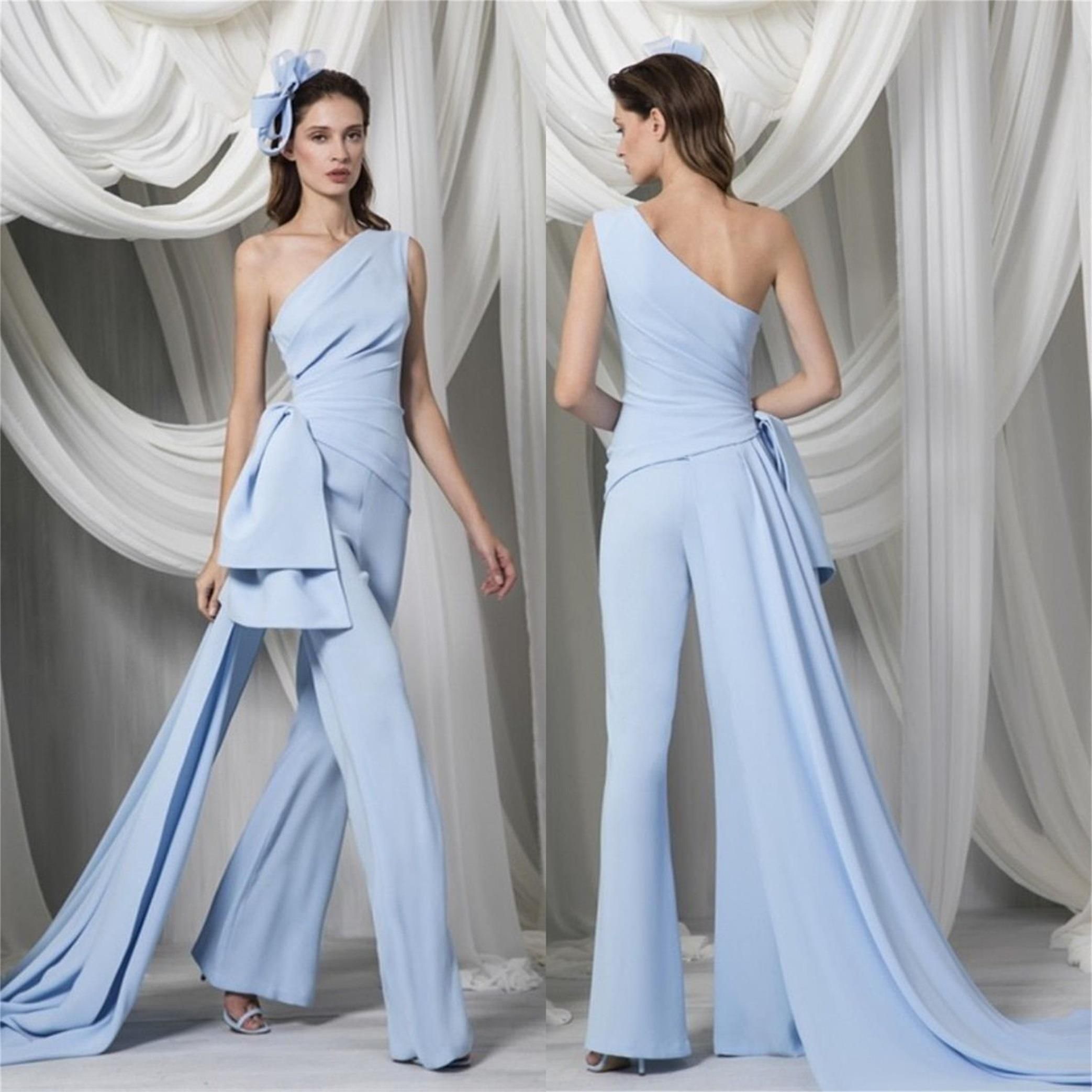 Elegant One Shoulder Prom Dresses Satin Jumpsuits For Women Overskirt Evening Gowns Ruched Customise Junior Bridesmaid Dresses