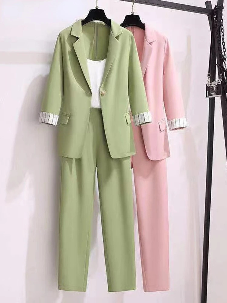 Women's Two Piece Pants 2023 spring plus size Korean elegant women's suit female blazer leisure pants Tweed jacket three piece set 231206