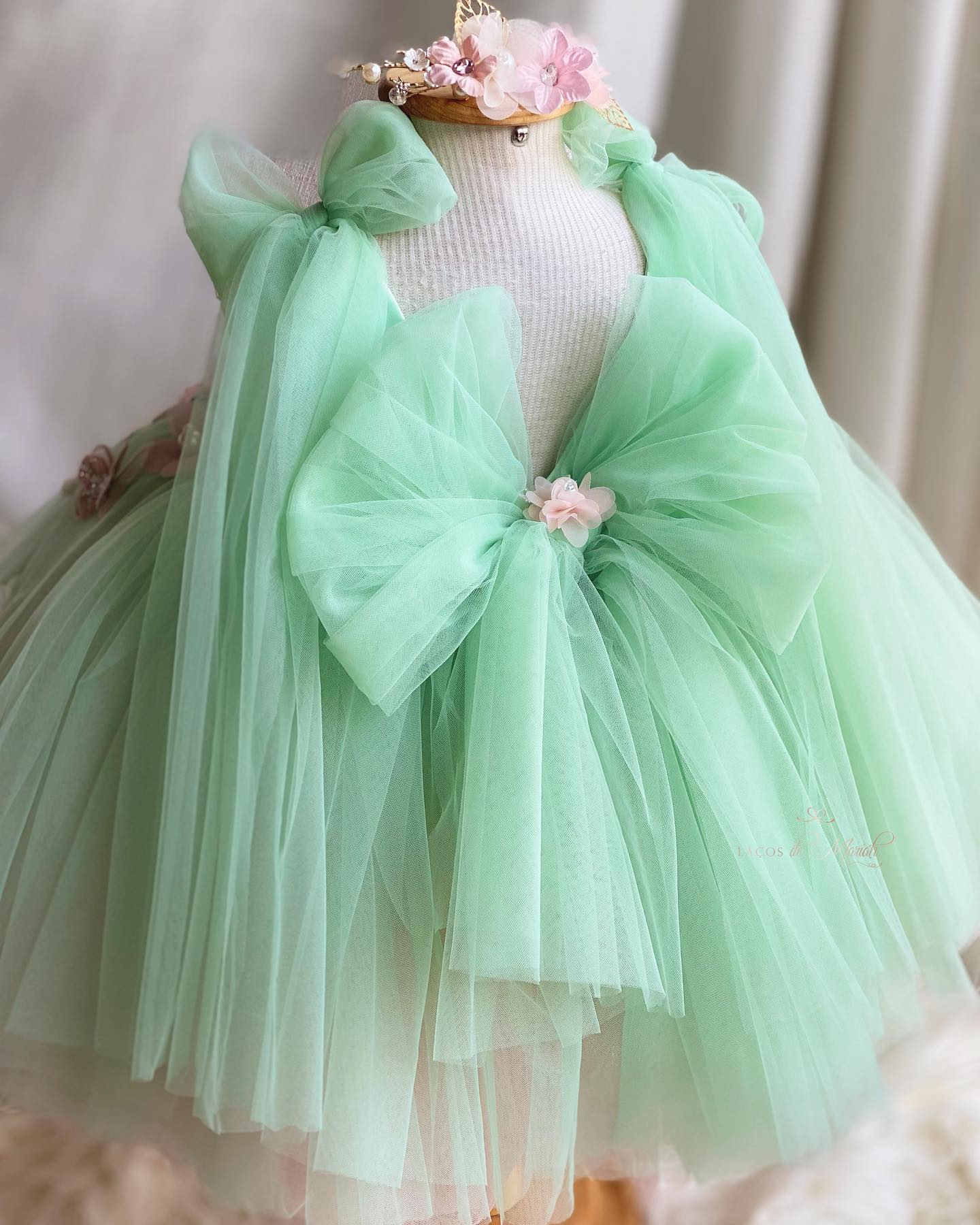 Green Beaded Flower Girl Dresses For Wedding Backless 3D Appliqued Toddler Pageant Gowns Tulle Knee Length Ball Gown Kids Birthday Dress 407
