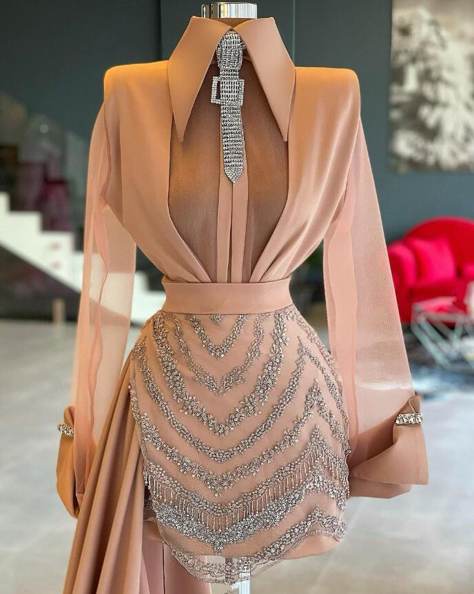 Nude Pink Short Prom Homecoming Dress Skirt Long Sleeve Crystal Evening Reception Gown with Train vestidos de fiesta