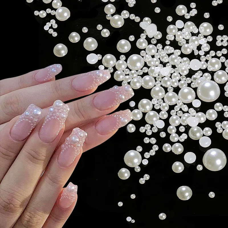 Nail Art Decorations 1Bag Silver Pearl Shape Nail Art Decoration Flat Back Nail Charms Manicure Tips Rhinestones Mixed Size 3D Beads Nail Accessories 