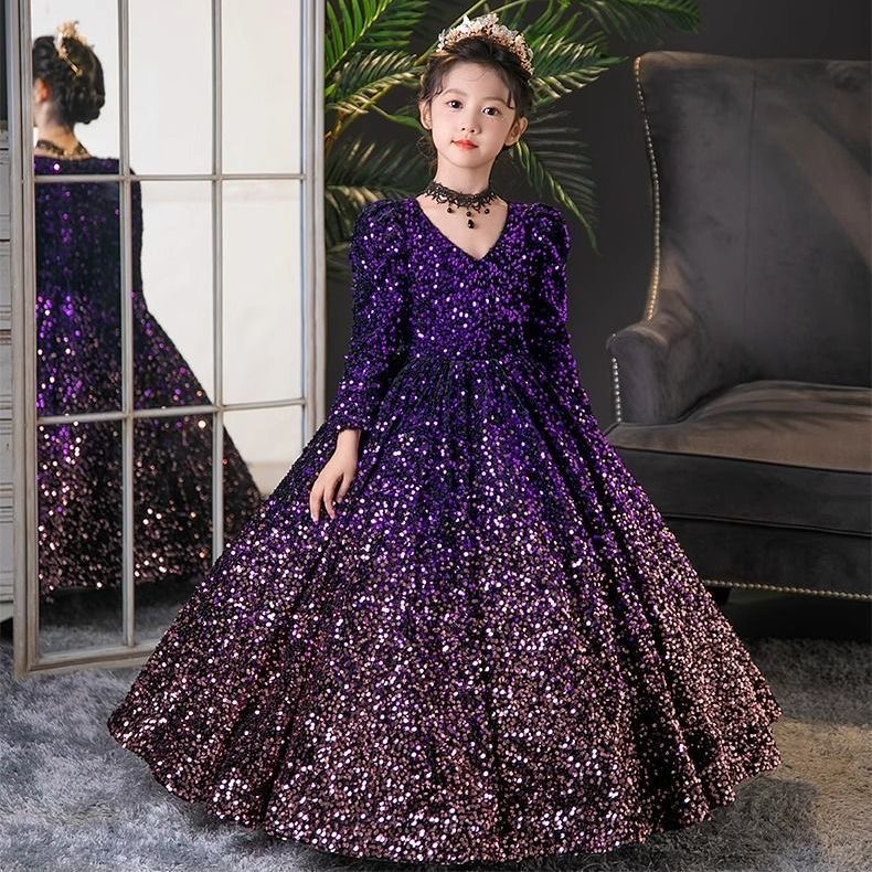 Sequined Purple Girl Dresses Gorgeous Long Sleeves Flower Girls Dress Wedding Party Princess Casual Kids Clothes Communion Present Children 2-14 Years