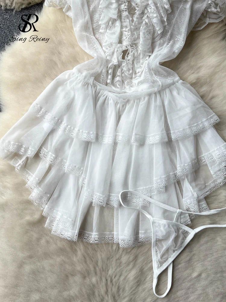 Women's Sleepwear SINGREINY Widding Erotic Camis Pamas Dress Female Thin Lace-Up Sheer Ruffles Nightgowns Porno Backless Short Sexy Night B4