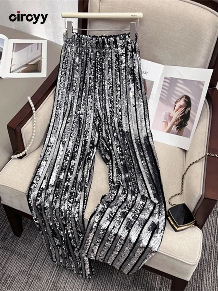 Women's Pants s Circyy Sequin High Waisted Glitter Loose Wide Leg Trousers Vintage Fashion Full Length Shiny Straight Pant 231207