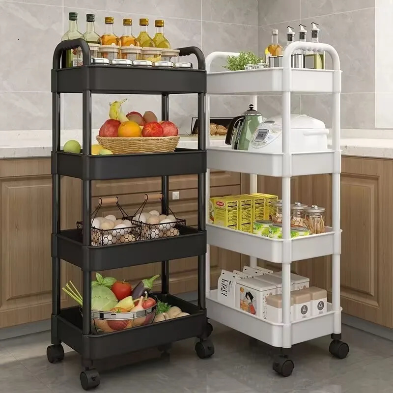 Pot Racks Trolley Organizer Auxiliary Cart With Wheels Kitchen Furniture Cabinet Storage Rack Mobile Plastic Bookshelf Vegetable Basket 231206