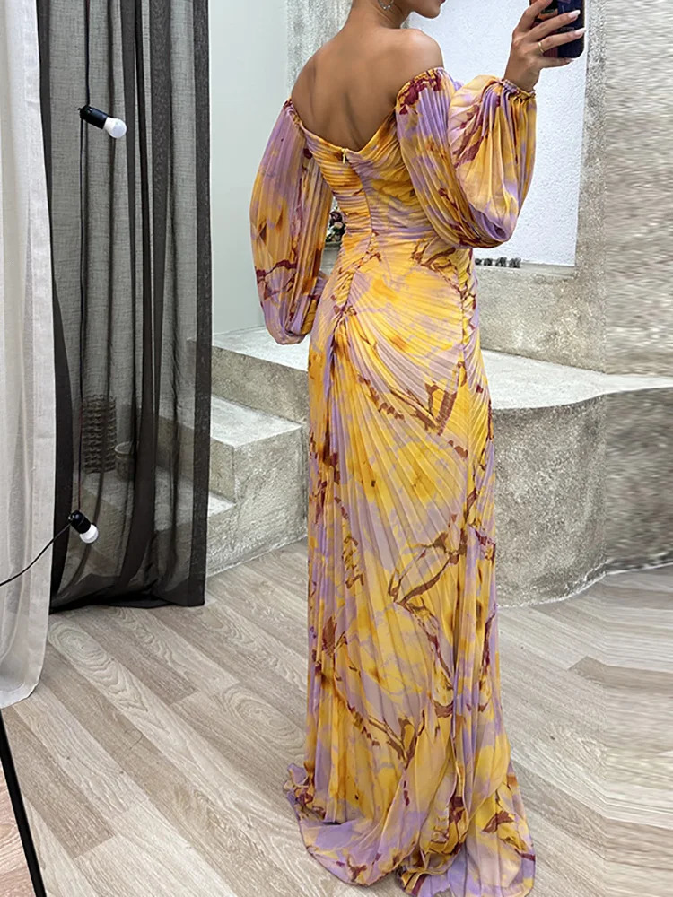 Basic Casual Dresses 2023 V Neck Sexy Split Maxi Dress Spring Autumn Loungewear Fashion Party Long Sleeve Folds Printing Ladies Holiday 231207