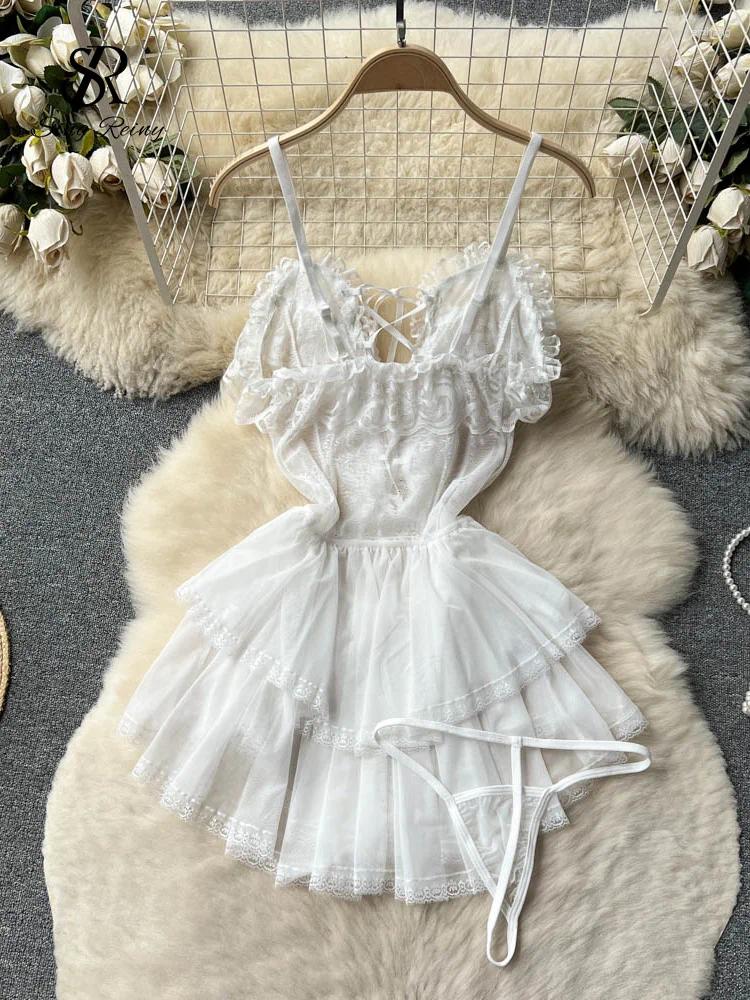 Women's Sleepwear SINGREINY Widding Erotic Camis Pamas Dress Female Thin Lace-Up Sheer Ruffles Nightgowns Porno Backless Short Sexy Night B4