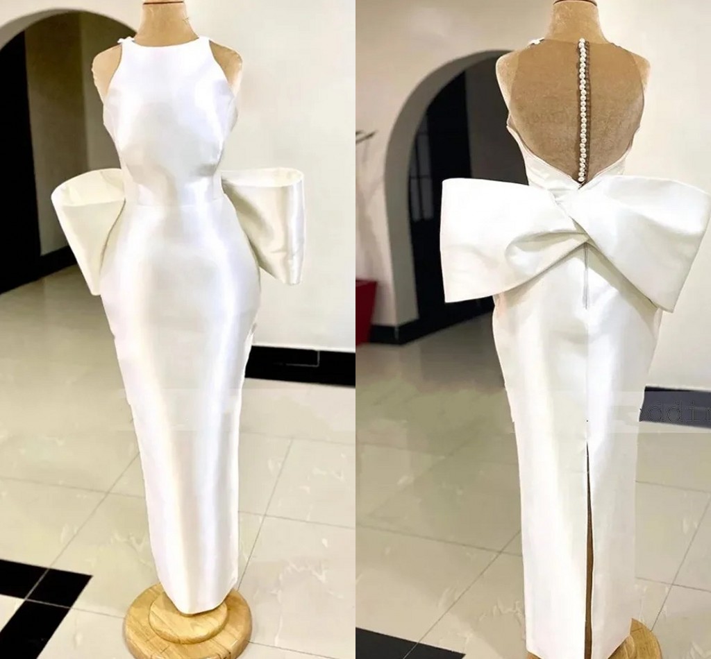 2024 Elegant Wedding Dress White Satin Or Length O Neck Column Bride Party Gowns Women Slit Big Bow Illusion Back Bridal Guest Dresses Vestidos De Noi