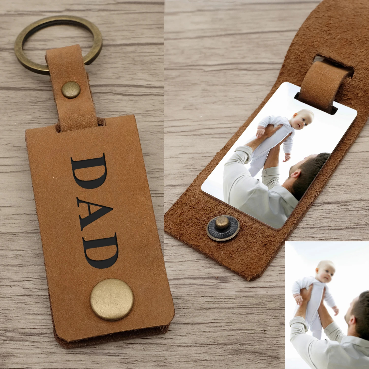 Key Rings Personalised Dad Po Keyring Leather Keychain Father's Day Daddy Gift Picture Engraved For His Her 231206