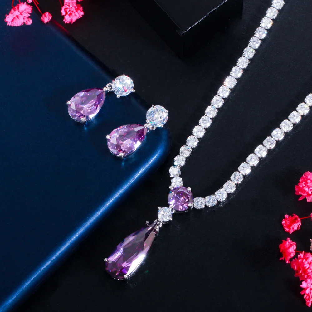 Wedding Jewelry Sets CWWZircons Top Red Purple Cubic Zirconia Water Drop Fashion Women Engagement Party Set for Bridesmaid Gift T525 231207