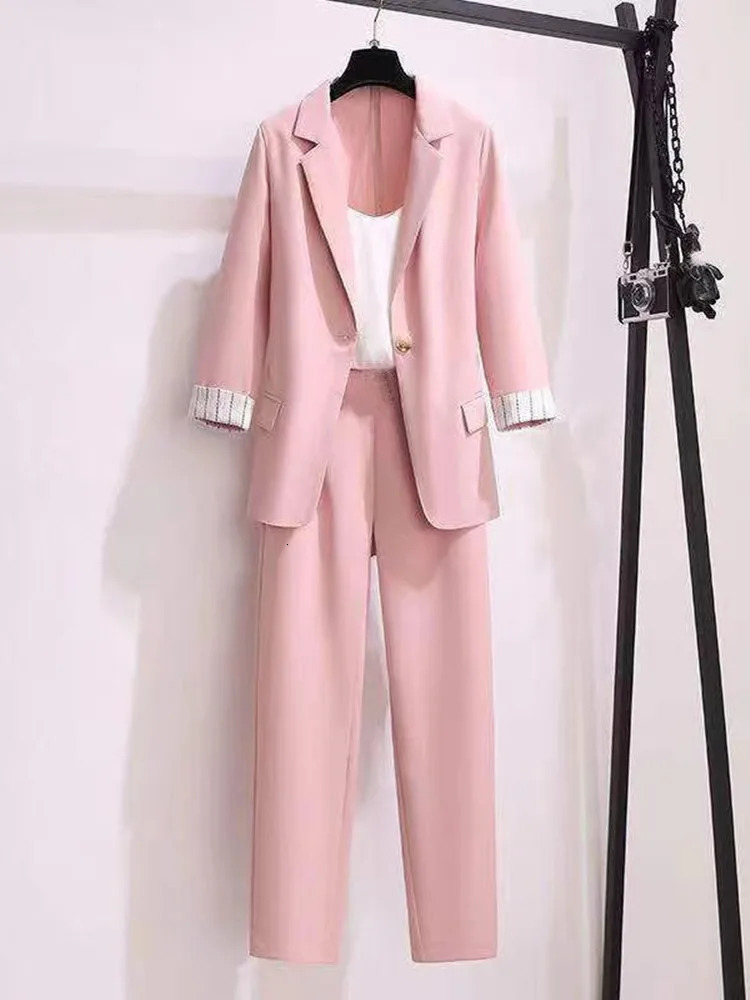 Women's Two Piece Pants 2023 spring plus size Korean elegant women's suit female blazer leisure pants Tweed jacket three piece set 231206