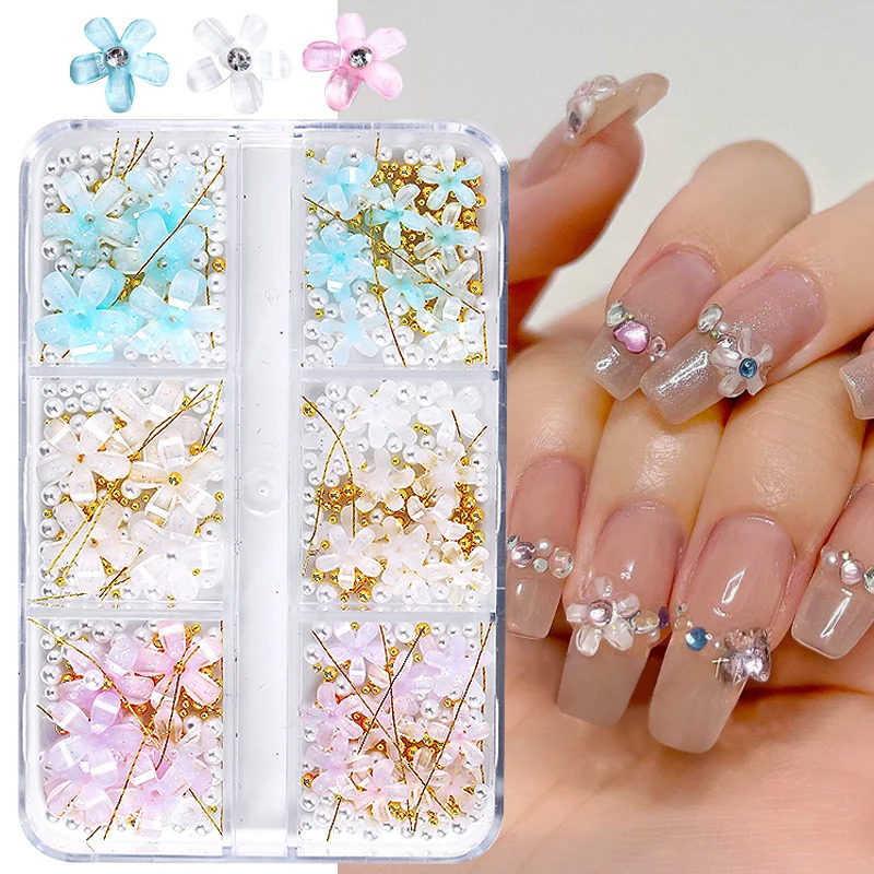 Nail Art Decorations 6Grids Acrylic Flower 3D Nail Art Decorations Resin Charms Gold Beads Caviar Pearl Mixed Rhinestones Accessories Manicure 231207