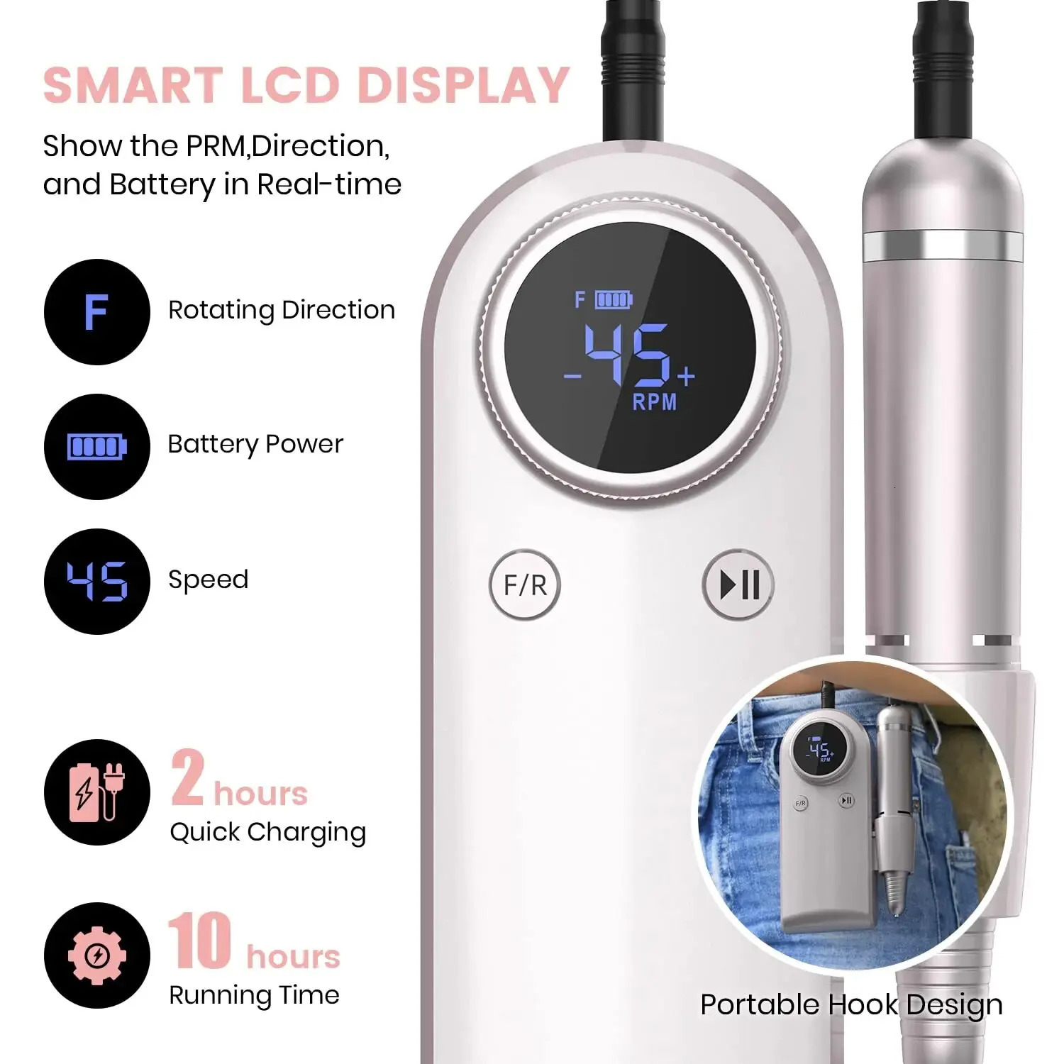 Nail Art Equipment 45000RPM Rechargeable Nail Drill Manicure Machine Professional Nail Drill With LCD Display Portable Cordless Drill Set Nail Art 231