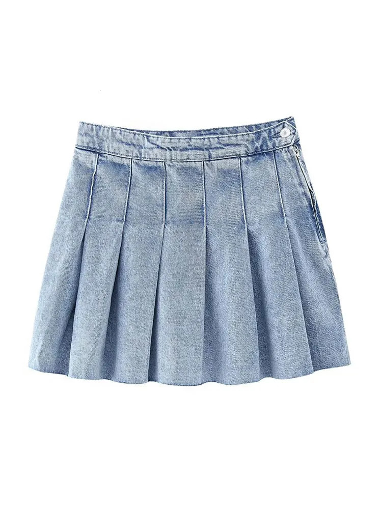 Skirts 2023 Bazaleas Store Traf women s Side Zipper Mujer Pleated Denim Mini Skirt Official Clothing 231206