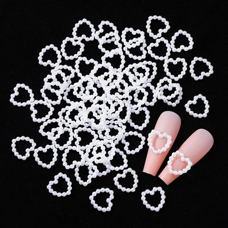 Nail Art Decorations 100PcsBag Hollow Heart Pearl Nail Art Charms White Pink Purple Pearl Round Flatback 3D Nail Decoration DIY Nail Accessories 23120