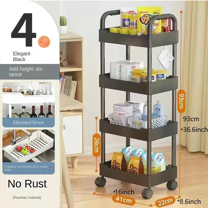 Pot Racks Trolley Organizer Auxiliary Cart With Wheels Kitchen Furniture Cabinet Storage Rack Mobile Plastic Bookshelf Vegetable Basket 231206