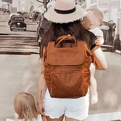 Diaper Bags PU Leather Diaper Bag Backpack Unisex Baby Travel Bag with Changing Mat Large Capacity Travel Diaper Backpack for Mom 231206
