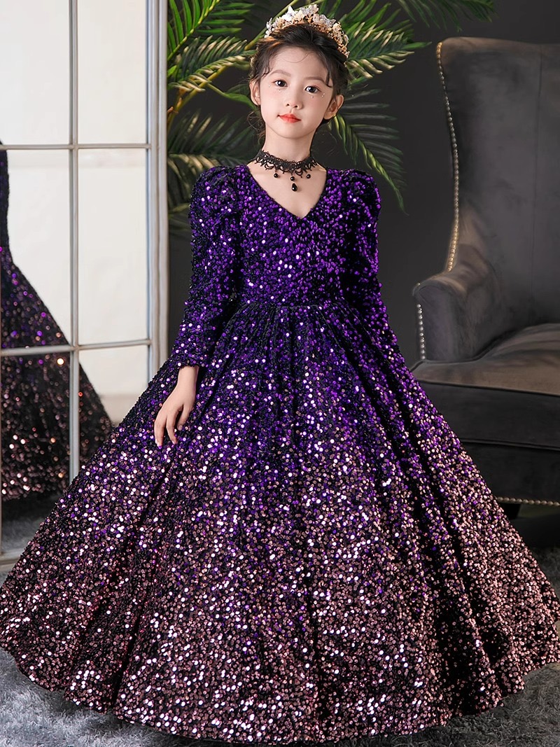Sequined Purple Girl Dresses Gorgeous Long Sleeves Flower Girls Dress Wedding Party Princess Casual Kids Clothes Communion Present Children 2-14 Years