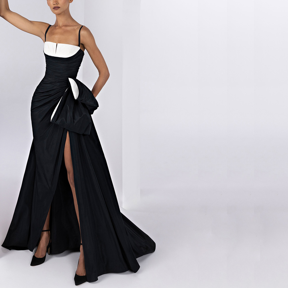 Contrast Color A Line Evening Dresses Spaghetti Strap Side Split Formal Evening Gown Side Bow Overlay Special Occasion Dress