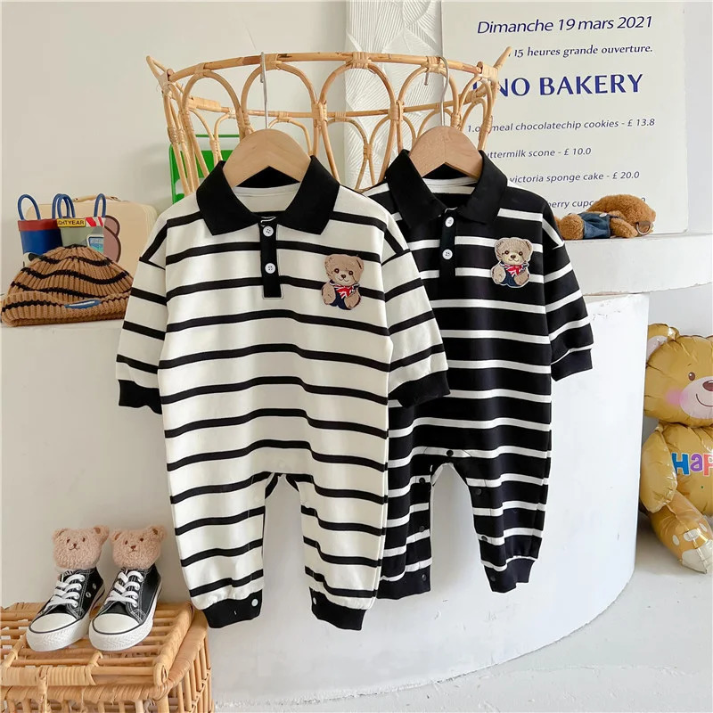 Rompers Autumn Baby Clothes Korean Stripe Jumpsuits for Girl Boys Cute Bear born Romper Infant Bodysuits Loose Toddler Clothing 231207