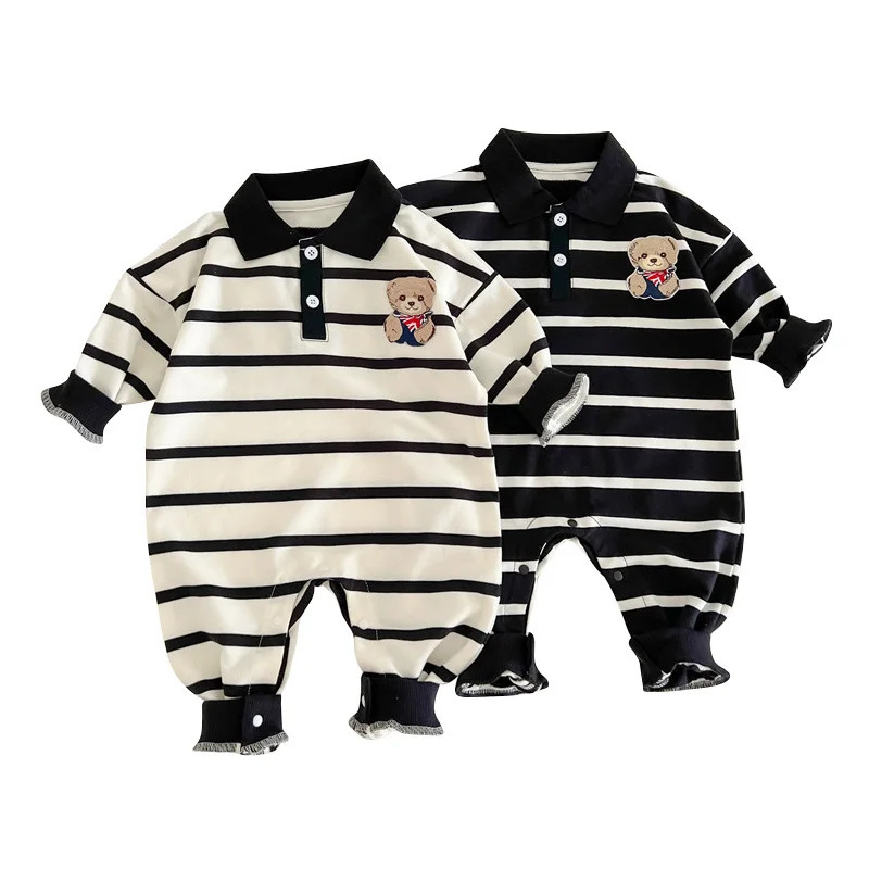 Rompers Autumn Baby Clothes Korean Stripe Jumpsuits for Girl Boys Cute Bear born Romper Infant Bodysuits Loose Toddler Clothing 231207