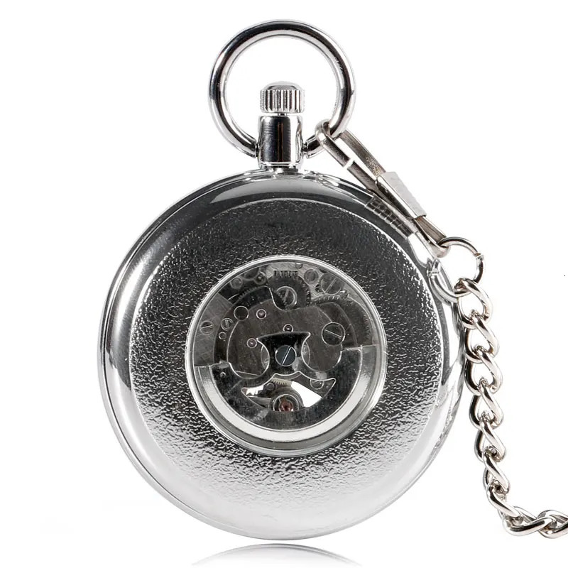 Pocket Watches SHUHANG Mechanic Watch Men Automatic Self Winding Pocket Watch Silver Simple Open Face Chain Pendant with Roman Number 231207