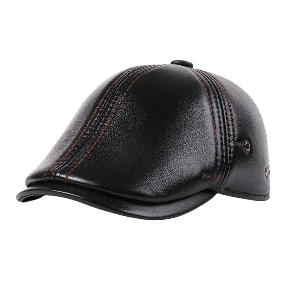 Berets LA SPEZIA Cap Men Winter Beret Real Leather Hat Men s Warm Black Cowskin sboy Casual Flat 231208