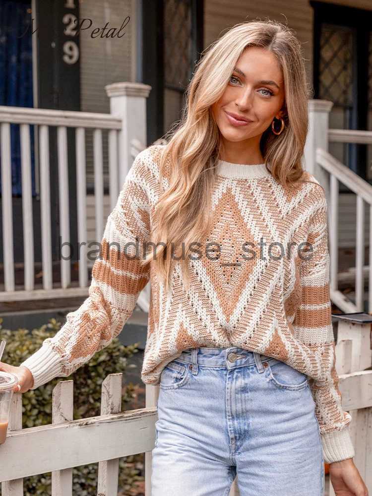 Women's Knits Tees Diamond Pattern Drop Long Sleeve Sweater For Women Casual Loose O-neck Knitted Top 2023 Autumn Winter Pullover Knitwear J23120