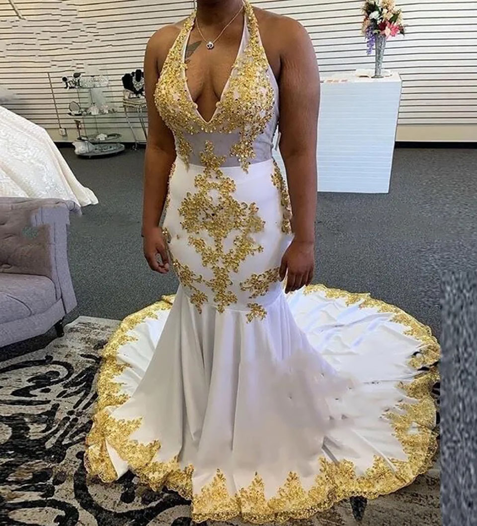 Evening Dresses White Prom Gown Party New Custom Plus Size Lace Up Zipper Sleeveless Backless Mermaid Elastic Satin Halter Gold Applique Beaded Sequin