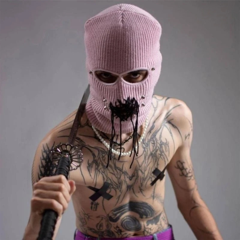 Beanie Skull Caps Halloween Balaclava Knit Beanie Hat Scary Teeth Robber Head Covering Party Holiday Winter Warm Full Head Grimace 231208